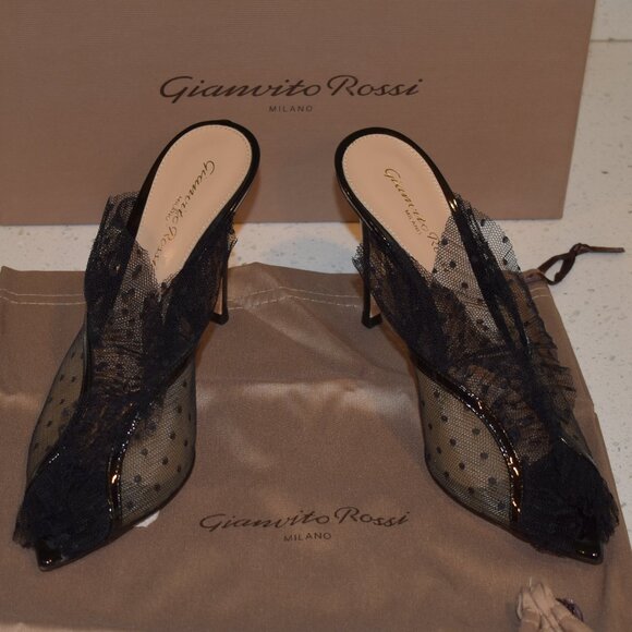 Gianvito Rossi Polka Dot Lace Mule w/ Leather Piping, Lace Ruffle; Size 6.5